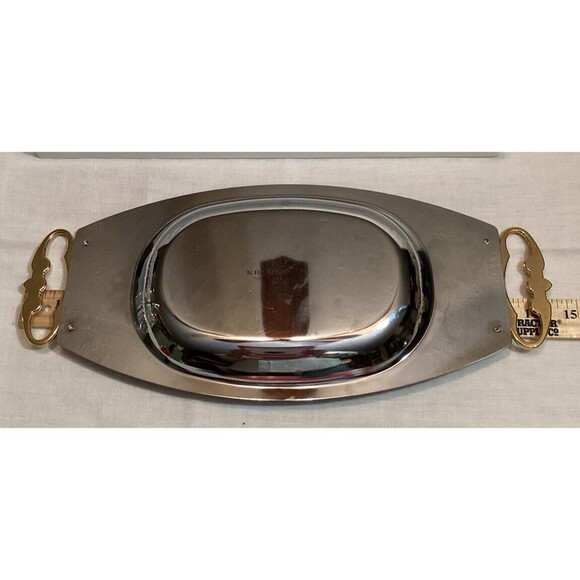 Kromex MCM Silver Serving Bar Tray Dish Platter Gold Metal Handles Mid Century - Picture 10 of 11